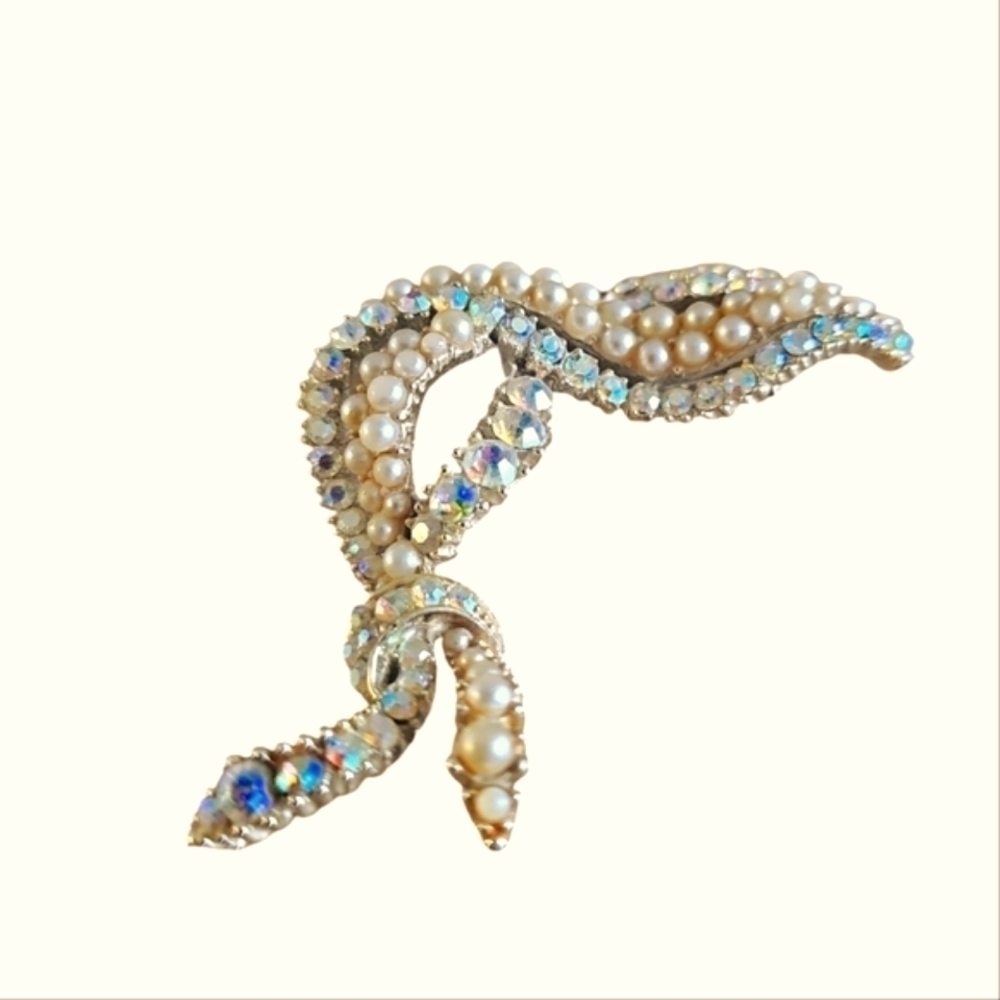 Rare Kramer NY Seed Pearl Parure with Clear AB Rhinestone Brooch